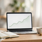 Laptop showing rising charts on a home office desk