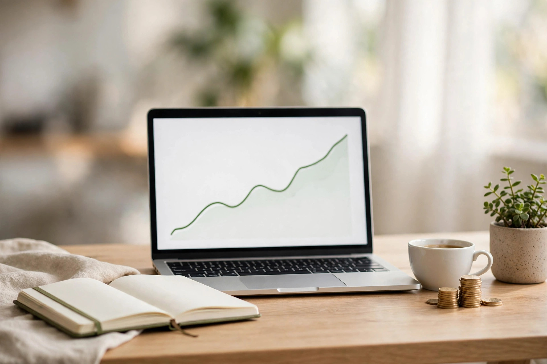 Laptop showing rising charts on a home office desk
