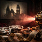 Vintage film reels and projector showing a gothic cathedral