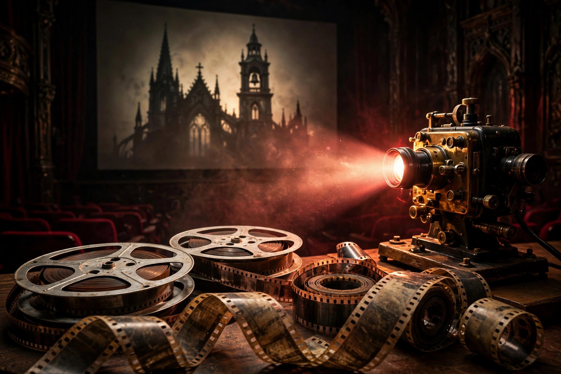 Vintage film reels and projector showing a gothic cathedral