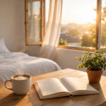 Sunlit bedroom with coffee and journal on a table at sunrise