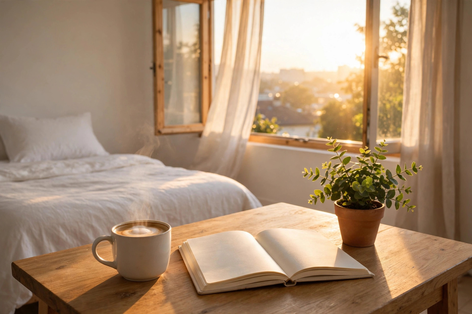 Sunlit bedroom with coffee and journal on a table at sunrise