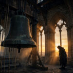 Quasimodo bell-ringer silhouette in Notre-Dame bell tower at dusk