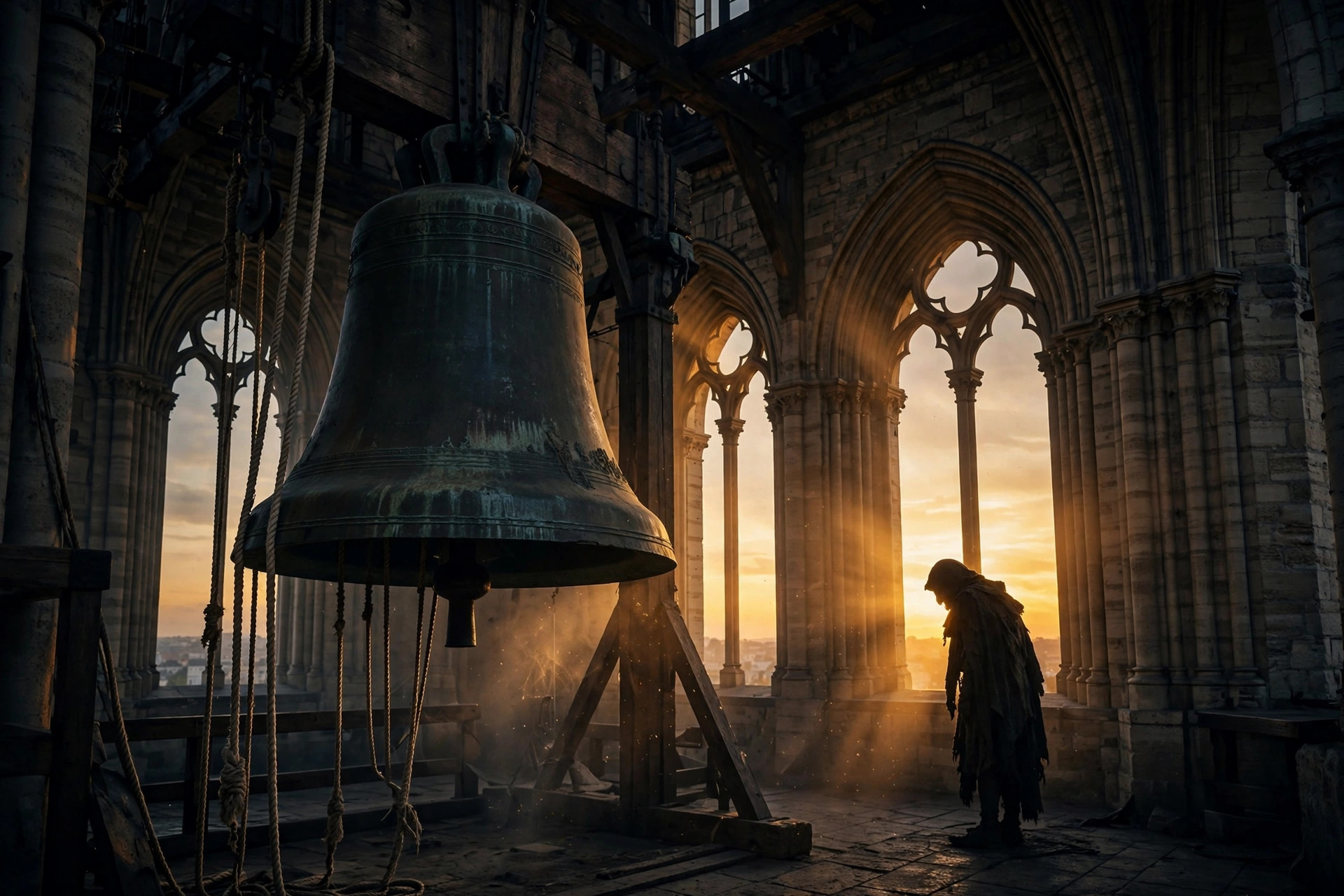 Quasimodo bell-ringer silhouette in Notre-Dame bell tower at dusk