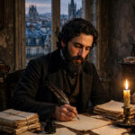 Victor Hugo writing at his desk with Paris rooftops in the background