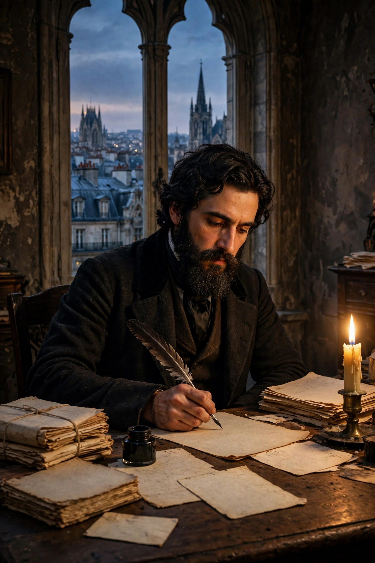 Victor Hugo writing at his desk with Paris rooftops in the background